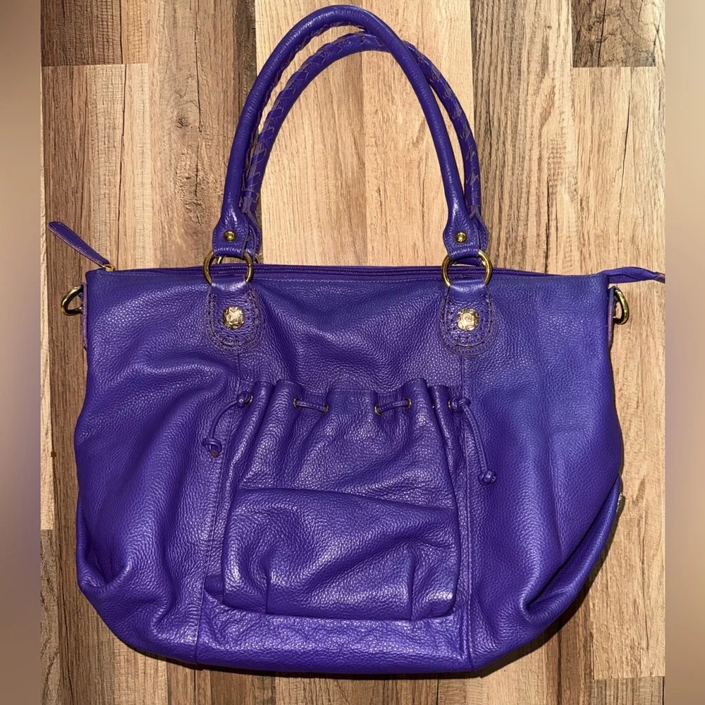 Elegant Purple Leather Tote Handbag with Gathered Detail - Picture 1 of 9
